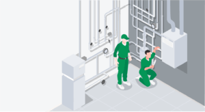 illustration vectorielle de techniciens qui réparent ou installent des équipements de chauffage