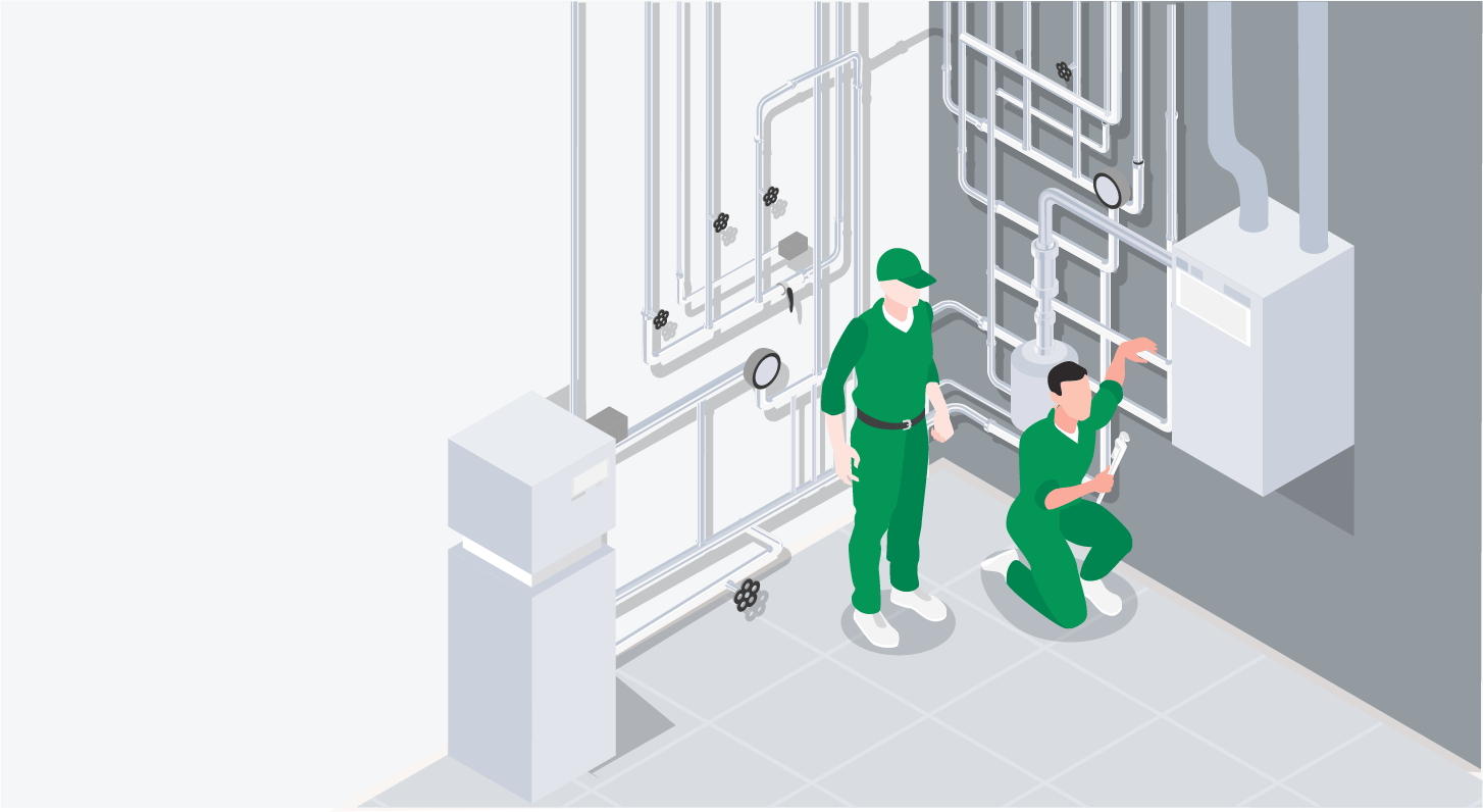 illustration vectorielle de techniciens qui réparent ou installent des équipements de chauffage